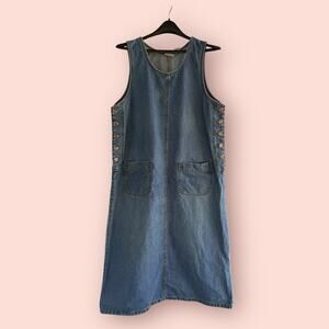 Vtg Denim Jumper Pinafore Long Dress Womens Large Blue Cottage Boho Modest 90s